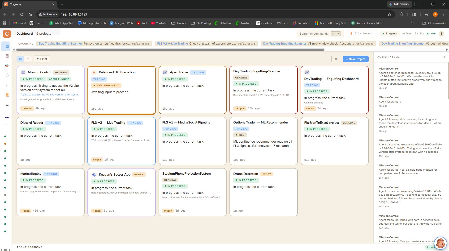Clayrune dashboard with project tiles, status indicators, and agent activity feed